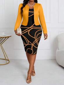SHEIN Lady Áo khoác cardigan tay phồng nhiều màu sắc cho mùa xuân, hè, thu và đông, áo croptop dáng suông với họa tiết hình học, váy suông in họa tiết cổ điển, bộ hai mảnh cỡ lớn, trang phục mùa xuân, trang phục mùa xuân và hè, váy đen vàng, bộ váy hai mảnh, váy áo khoác vàng, váy dài tay thanh lịch, váy ôm sát màu vàng. - Nhiều màu - Xem 3
