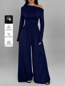 SHEIN MOOSTA Bộ đồ liền thân ống đứng rộng rãi xếp ly thoải mái cho nữ, có vai chéo và tay dài, phù hợp cho mùa xuân và mùa thu - Màu xanh hải quân - Xem 3