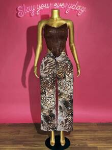 Slaydiva Women Two Pieces Set Chic Summer Night Out Club All Shades Of Brown Textured PU Tube Top Vest + High Waist Wide Leg Printed Trousers Birthday Outfit - Multicolor - View 7