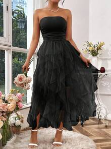 Rafferiza Petite Elegant & Fashionable Young Women's Minimalist Versatile Strapless Mesh Long Dress, Suitable For Spring/Autumn Strapless Black Dress Black Dress Summer Midi Black Dress Birthday Dresses Organza Dress Valentine's Day - Black - View 4
