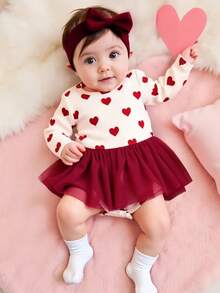 SHEIN Explorewe 1pc Baby Girl Knitted Bodysuit,0-3 Years Old,Heart Pattern,Burgundy Tulle Skirt,White And Red,Autumn,Cute Modest,Matching Family,Outdoor Activities - Red - View 1