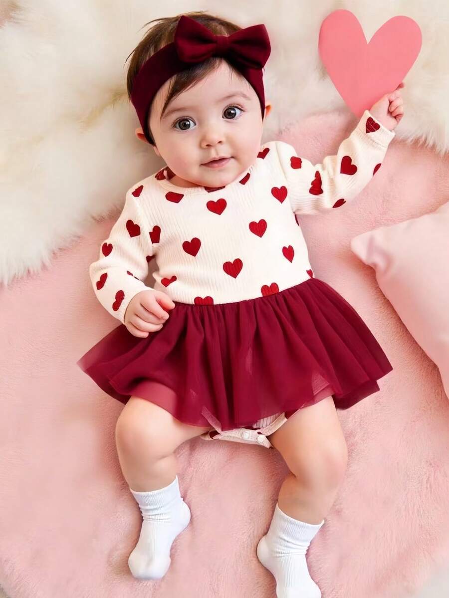 SHEIN Explorewe 1pc Baby Girl Knitted Bodysuit,0-3 Years Old,Heart Pattern,Burgundy Tulle Skirt,White And Red,Autumn,Cute Modest,Matching Family,Outdoor Activities - Red - View 1