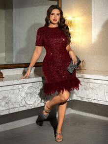Ellevyn Plus Size Summer Fashion Sequin Patchwork Feather Hem Dress - Burgundy - View 7