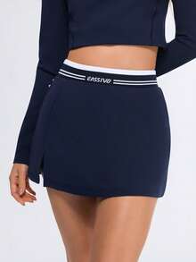 Eassivo Eassivo Women's Navy Blue Athletic Skirt,High Waist Contrast Stripe, Side Slit Tennis Skirt, Stretch Sport Skort, Trending Workout Bottoms, Casual Activewear - Royal Blue - View 1