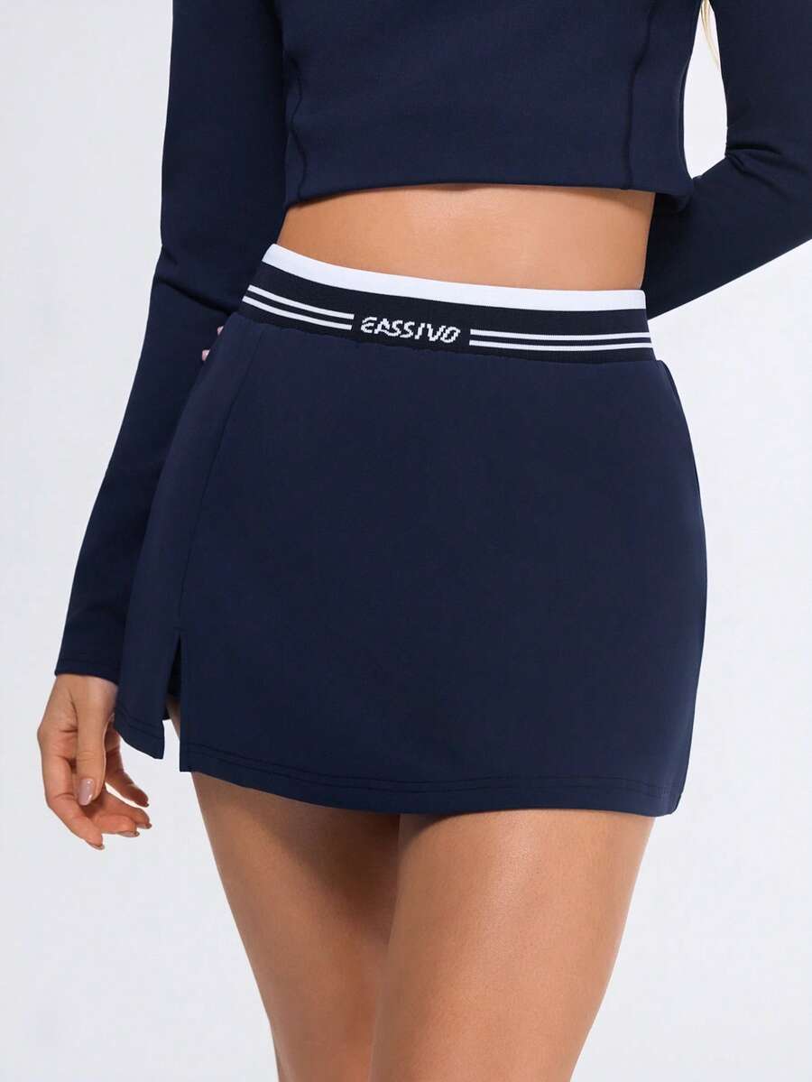 Eassivo Eassivo Women's Navy Blue Athletic Skirt,High Waist Contrast Stripe, Side Slit Tennis Skirt, Stretch Sport Skort, Trending Workout Bottoms, Casual Activewear - Royal Blue - View 1