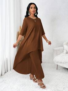 SHEIN Lady 四季秋季女装 白色长袖不规则两件套 女士秋季套装 女士套装 女士服装套装 女士两件套 秋季两件套 返校季 秋季女士套装 白色女士套装 女士服装套装 套装 两件套 婚礼礼服 女士两件套 - 棕色 - 查看 3