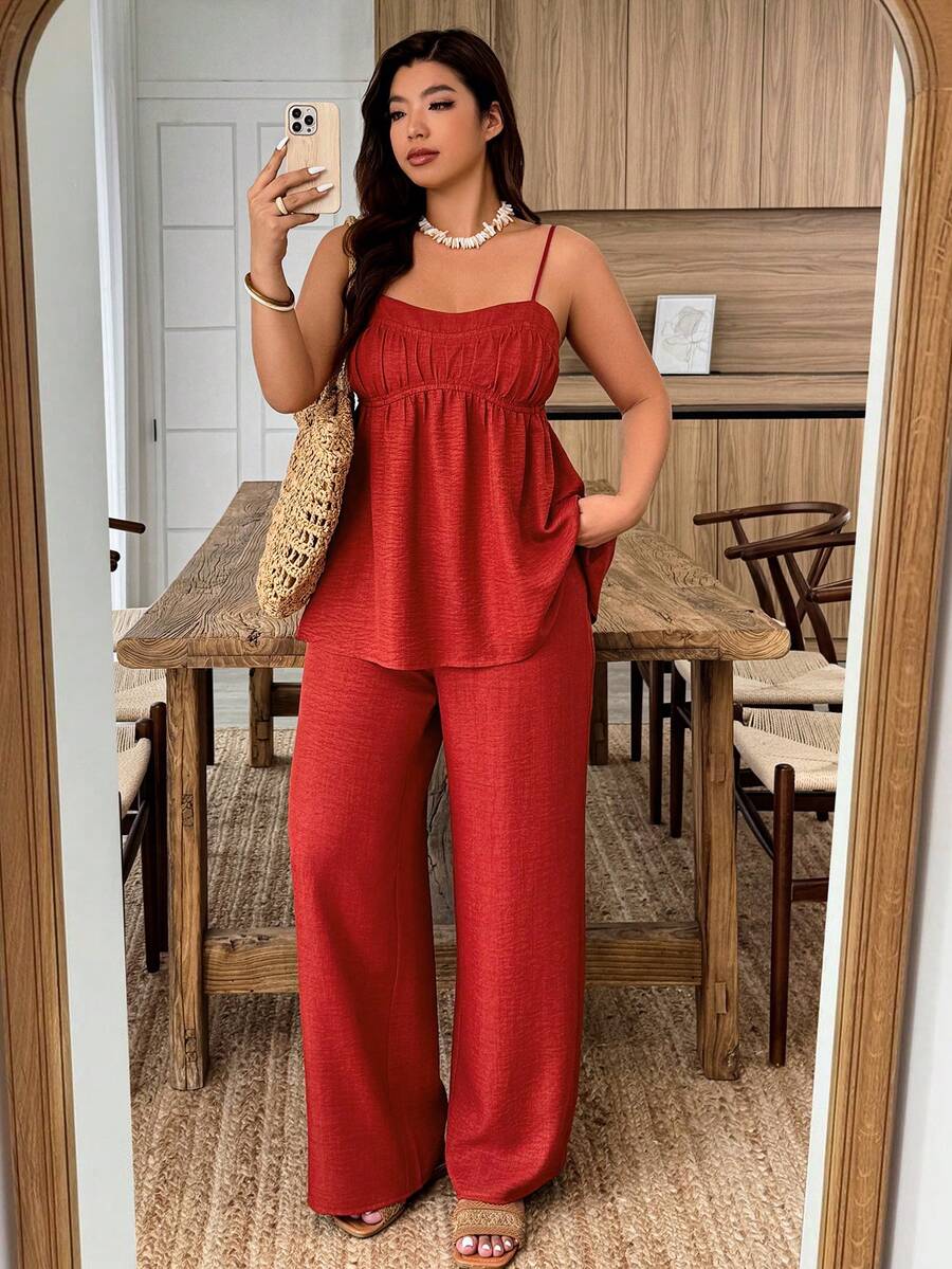 Weeklong Plus Size Women's Casual Camisole & Wide Leg Pants 2 Pieces Set, Spring/Summer - Red - View 1