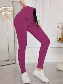 Modelyn Quần legging bó in chữ, dây rút eo, thoải mái và co giãn, dùng khi đi làm, thể thao thường ngày cho nữ - Màu Hồng Tươi - Xem 3