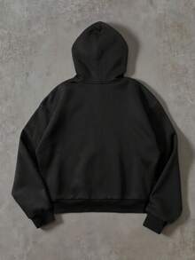 Manfinity ZONE917 超大款做旧粉白耶稣十字架深色图案印花黑色短款宽松落肩连帽衫 - 黑色 - 查看 5