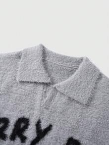 ROMWE MEN Men's Loose Fit Slogan Graphic Long Sleeve Faux Fur Sweater, Autumn/Winter - Grey - View 3