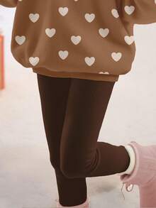 SHEIN Leap Crew 可爱心形印花少女休闲柔软厚实保暖圆领长袖运动衫和紧身裤套装，适合秋冬季日常和节日穿着 - 彩色 - 查看 6