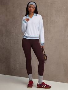 CourtClass Women's Striped Raglan Long Sleeve Sports Polo Shirt - Blue and White - View 5