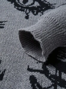 Manfinity ZONE917 Áo len dài tay cổ tròn họa tiết mắt dáng rộng cho nam, mùa thu/đông - Màu xám đen - Xem 4