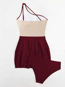 Swim Lushoire 2pcs/Set 2025 Women's New Colorblock One-Shoulder Soft Padded Tankini Swimwear, Slimming - Burgundy - View 6