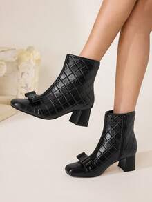 CUCCOO CHICEST Women's Bow Decor Side Zipper Design Fashion Chunky Heel Mid-Calf Boots For Christmas - Black - View 2