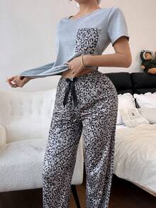 SHEIN 女士休闲豹纹口袋纯色短袖睡衣套装 - 彩色 - 查看 7