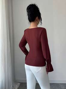 SHEIN Clasi Women's Elegant Brown Top, Fashion Metal Decor Long Sleeve Blouse, Suitable For Christmas, New Year, Thanksgiving, Autumn/Winter - Brown - View 2