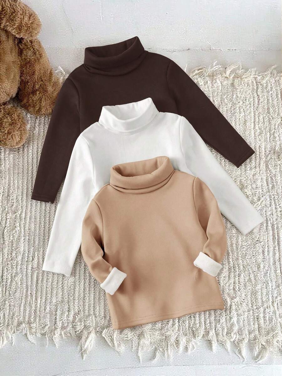 SHEIN 3 件套婴儿男童/女童休闲弹力舒适高领毛衣，保暖内衬，柔软，纯色，百搭秋冬 - 彩色 - 查看 1
