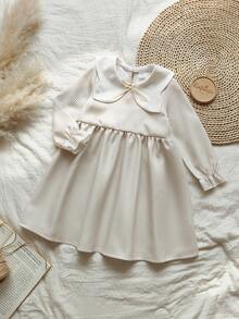 Vintaside Kids 1pc White Butterfly Collar Brown & White Striped Long Sleeve Dress, Young Girls - Multicolor - View 4