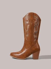 Styleloop 棕色西式尖头刺绣粗跟一脚蹬牛仔靴，适合秋冬、圣诞节、万圣节的时尚派对装 - 棕色 - 查看 2