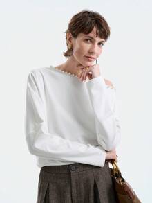 SHEIN LUNE Women's Elegant Beaded Asymmetric Collar Blouse, Autumn - White - View 7