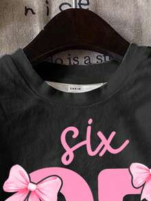 Koszulka dla nastolatek w minimalistycznym, spersonalizowanym stylu 67 Bow Graphic z krótkim rękawem i okrągłym dekoltem, odpowiednia na lato, w kolorze czarnym - Wielokolorowe - Zobacz 4