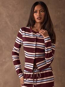 SHEIN BAE Women's Burgundy Casual Striped Print Button-Down Front Opening Slim Fit Long Sleeve T-Shirt / Park Outing / Country Home Top / Casual Top / Striped Top / Basic Style / New Year Casual Top/Casual Women Outfits/Going Out Tops For Women/Long Sleeve Tops For Women/Red Top Long Sleeve Striped Top - Burgundy - View 5