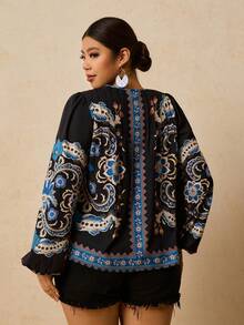 Travachic Áo sơ mi dài tay họa tiết hoa Bohemian cổ điển thường ngày cỡ lớn - màu đen - Xem 2