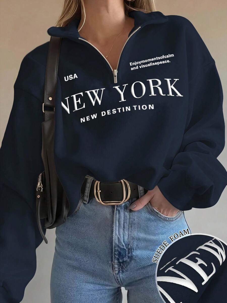 INAWLY sweat-shirt à capuche ample à manches longues avec imprimé lettres New York, col à fermeture éclair, style décontracté pour femmes