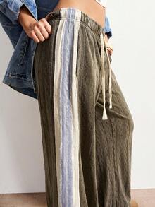 Bohemela Quần nữ ống đứng dáng rộng, chất liệu dệt kim họa tiết phối màu, phong cách BOHO Thu Đông. - xanh quân đội - Xem 7