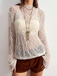 Bohemela Women's Casual Solid Color Knit Lace Blouse - Light Yellow - View 5