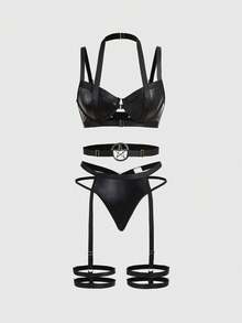 ROMWE Gothic Punk Underwire Bra, Thong, Garter Belt Sexy Lingerie Set - Black - View 1
