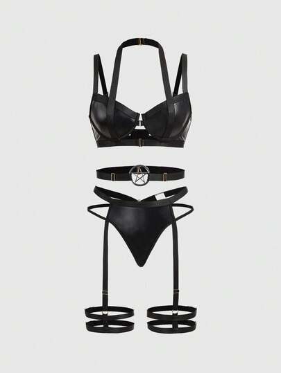 ROMWE Goth 哥特朋克风钢圈文胸、丁字裤、吊袜带性感内衣套装