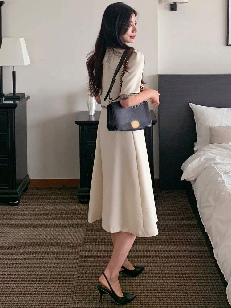 Women's Round Neck Waist Fitted Midi Dress, Elegant For Commuting Sundress