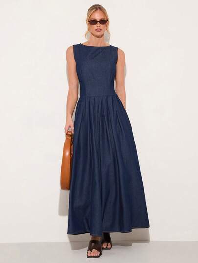 COSMINA Women's Elegant Sleeveless Boat Neck Patchwork Ruched Long Denim Dress, Versatile For Commuting And Office Wear, All Season