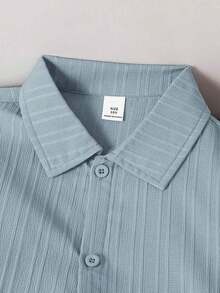SHEIN 2pcs Tween Boy Dusty Blue Summer Casual Family Matching Wave Pattern Polo Collar Short Sleeve T-Shirt & Elastic Waist Pants Set For School,Party - Dusty Blue - View 3