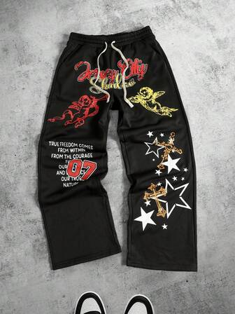 Street Life Pantalones de chándal de pierna ancha con ajuste holgado y cordón en la cintura para hombres