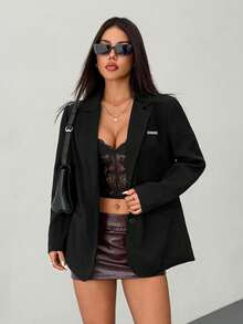 SHEIN PETITE 女士简约优雅黑色超大款西装外套，百搭实用，适合日常穿着、通勤、派对、约会、正式场合，秋冬季皆宜。 - 黑色 - 查看 4