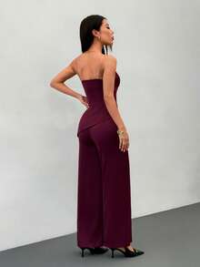 SHEIN PETITE Completo elegante da pendolare in raso bordeaux con orlo asimmetrico e top a tubo, pantaloni ampi e semplici. Completo elegante, nuovo abbigliamento da donna per l'anno nuovo, set elegante da donna, set bordeaux, tailleur marrone, outfit da festa, abiti natalizi, look autunnale da donna, adatto per primavera/estate, San Valentino, banchetti, appuntamenti - Bordò - Visualizzare 2
