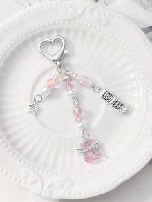 ROMWE Kawaii 1 chiếc móc khóa điện thoại/túi xách phong cách học thuật tối giản tinh tế & dễ thương dành cho nữ, dây bạc đính ngọc trai giả và pha lê hình tròn, ngôi sao, quả dâu tây và nơ hoạt hình, phù hợp để đeo hàng ngày, làm quà tặng ngày lễ Tình nhân. - Màu hồng - 70 - Xem 3