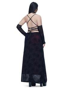 Coolane Women's Plus Goth Black Autumn Night Out Club Red Dress,Grunge Y2K Punk Spider Web Graphics Mesh Lace Puff Sleeves Halloween Vampire Witchy Outfit - Burgundy - View 2