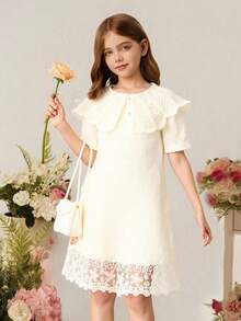 Summer Girls Peter Pan Collar Floral Embroidery Dress - Apricot - View 1