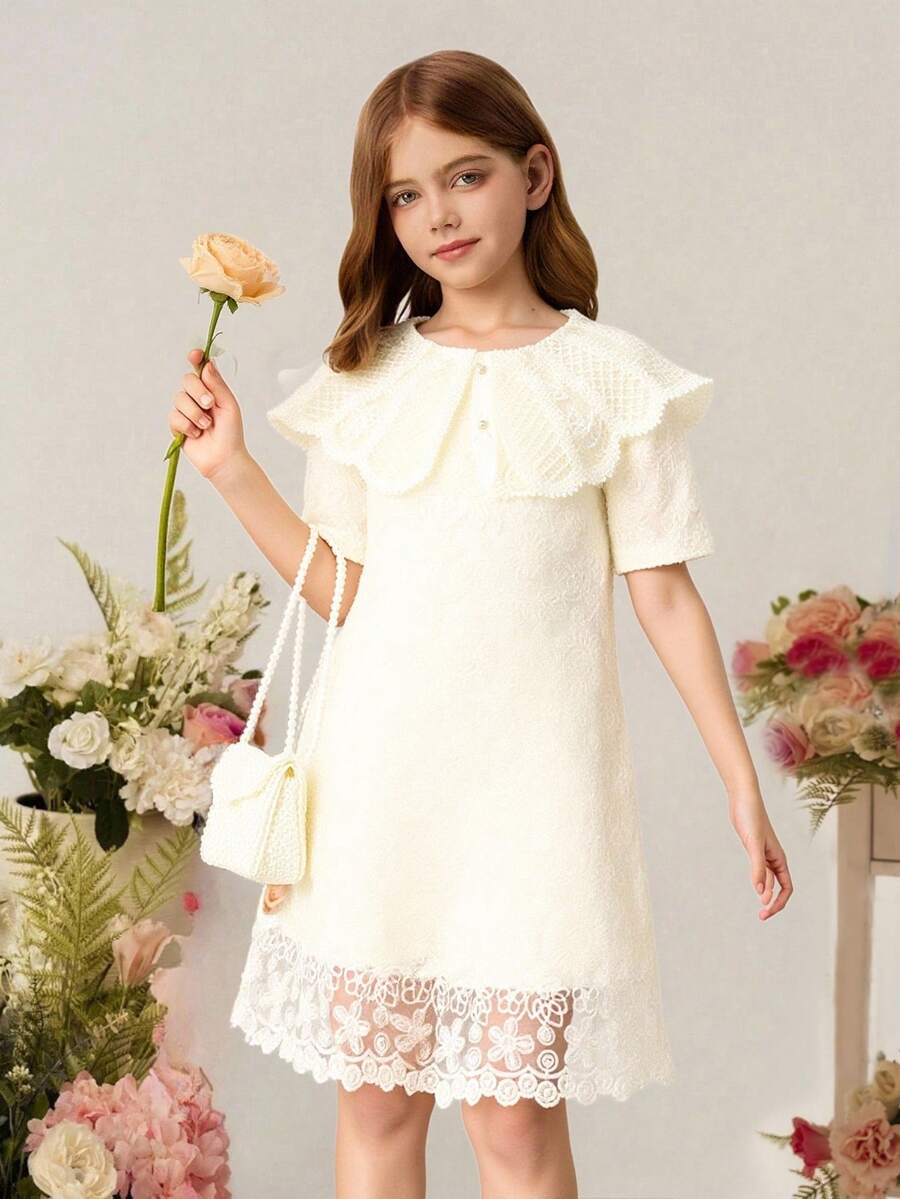 Summer Girls Peter Pan Collar Floral Embroidery Dress - Apricot - View 1