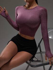 Eassivo Eassivo Solid Color Round Neck Fitted Short Sleeve Seamless Sports T-Shirt Top Set Workout Top Set Women Sport Crop Top Shirt Long Sleeve Workout Set Gym Tops For Women - Burgundy - View 3