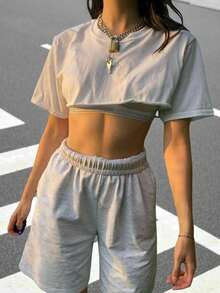 SHEIN EZwear Top Corto De Color Sólido Para Mujeres - Blanco - Ver 1