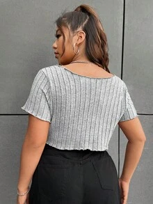 SHEIN EZwear 大码不对称下摆荷叶边短袖T恤，浅灰色 - 淺灰色 - 查看 2