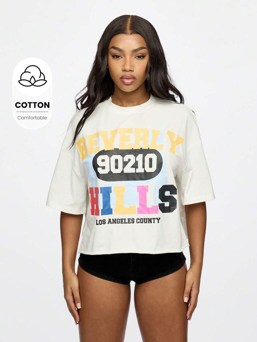 SUMWON WOMEN Beverly Hills 90210 Crop Top Oversized T-Shirt LA County Graphic Print Retro TV Show Fan Streetwear Summer Festival Fashion - White - View 1