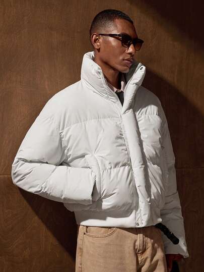 AKNOTIC Men's Solid Color Zip-Up Casual Winter Jacket Puffy Jacket Men Outerwear Men Sumwon Jacket Men's Winter Clothes Bubble Coat Men