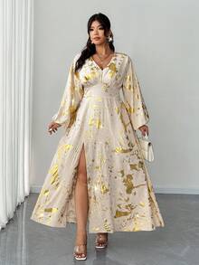 Elenzga Plus Size Elegant Gold Foil V-Neck Split Hem Maxi Dress,Beige Autumn Long Sleeve Silk Floral Wrap Caftan For Wedding,Curve Resort Wear Summer Dresses - Apricot - View 3