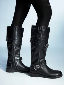 Sugerpunk Women's Fashion Adjustable Buckle Knee-High Boots For Christmas - Black - View 3
